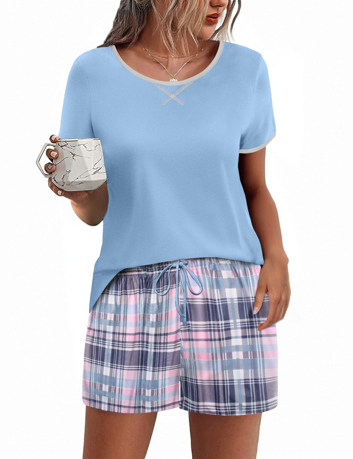 Ekouaer Women Pajama Set Casual Shorts Sets Short Leeve Lounge Set
