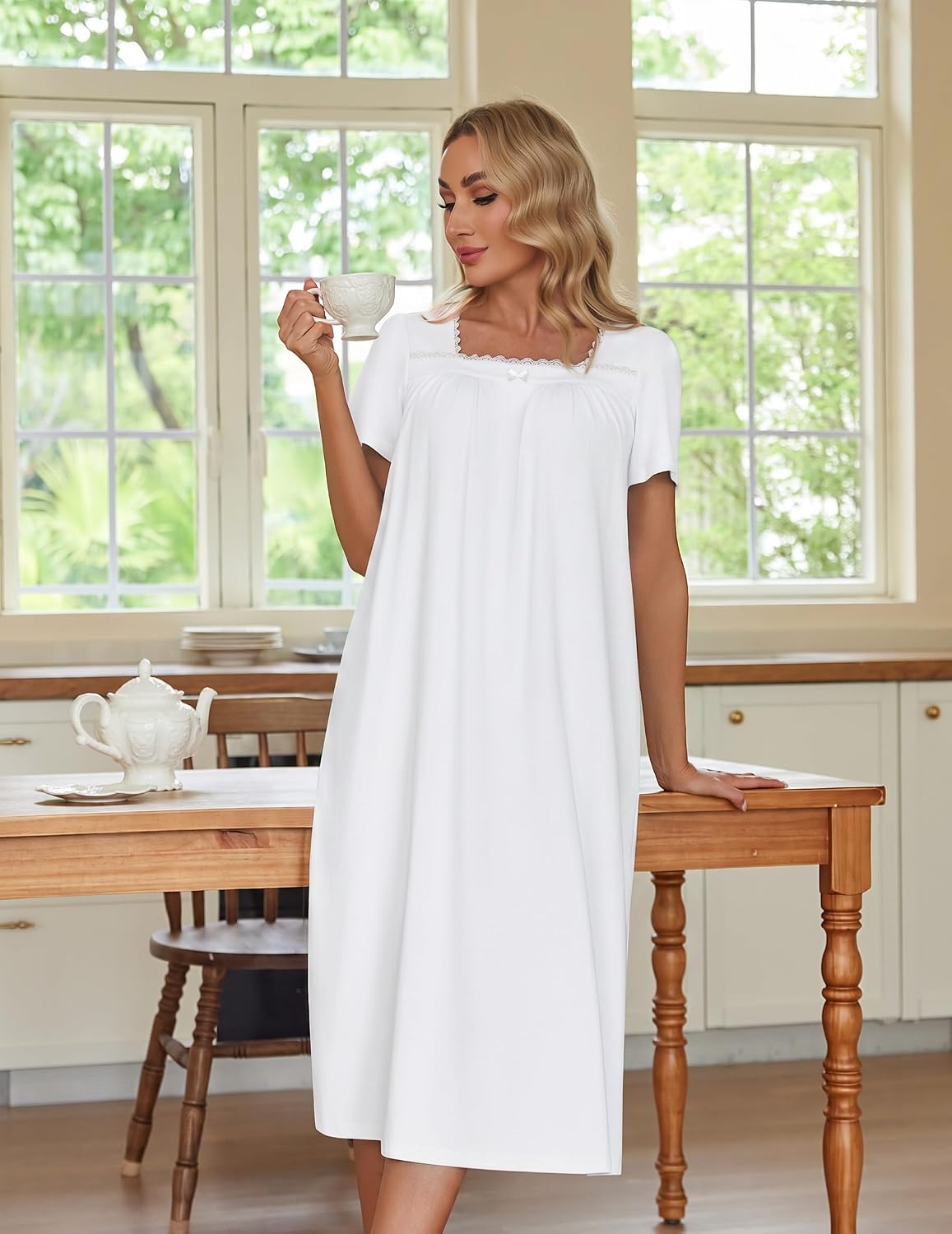 Ekouaer Cotton Long Nightgowns for Women Vintage House Dress with Pockets