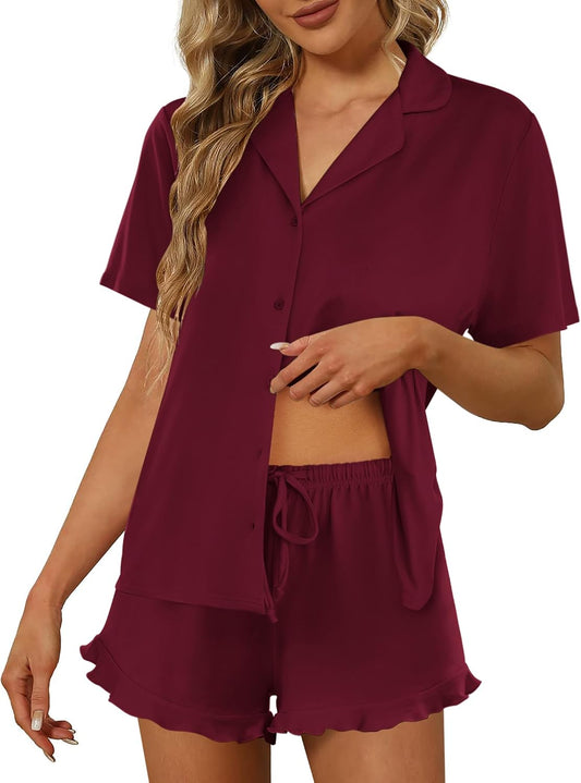 Ekouaer Pajamas Set for Women Short Sleeve Sleepwear Button Down Ruffle Pjs