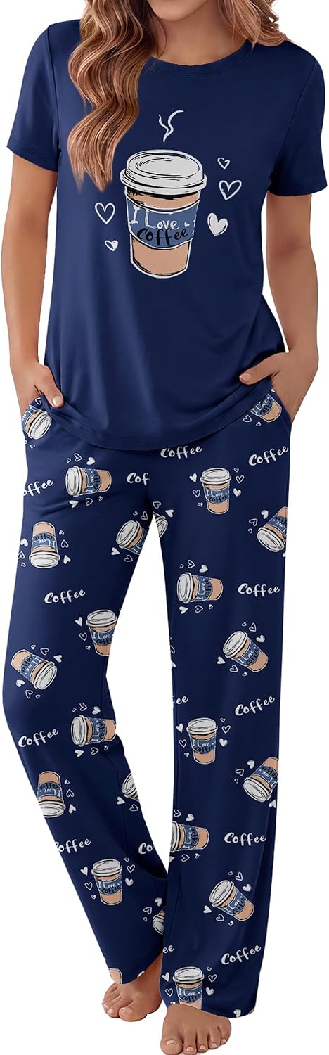 Ekouaer Pajama Set for Women 2 Piece Pjs Short Sleeve Top and Printed Pants