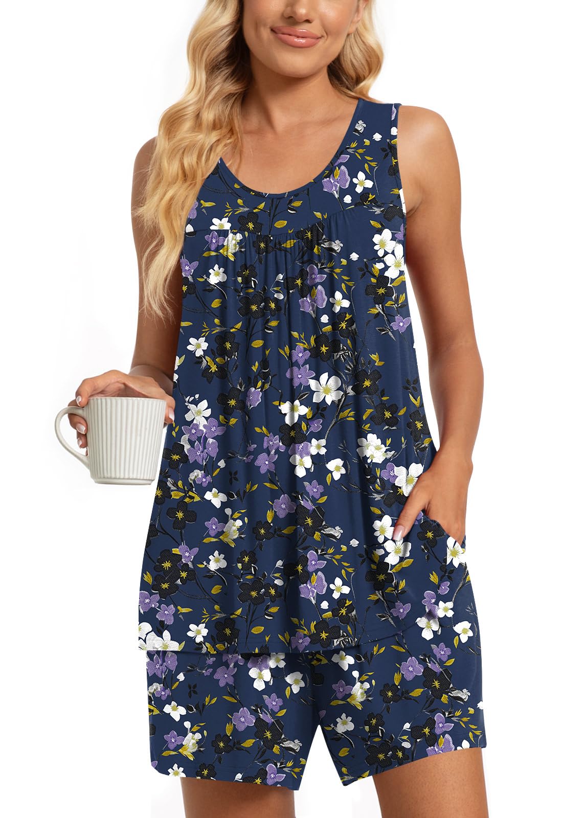 TAOHUADAO 2 Piece Women's Sleeveless Pajama Sets, Lounge Sleepwear Ladies Pjs Sets with Pockets