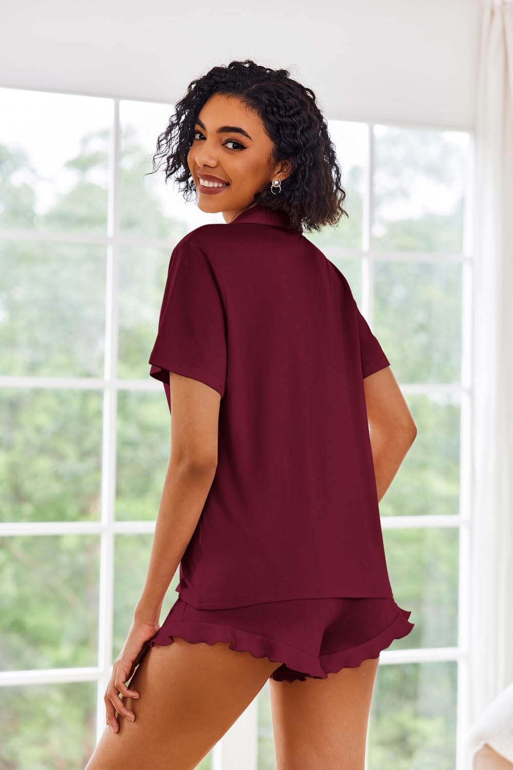 Ekouaer Pajamas Set for Women Short Sleeve Sleepwear Button Down Ruffle Pjs