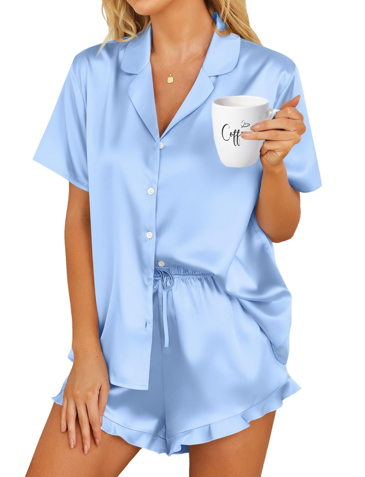 HOTOUCH Womens Satin Pajamas Set Button Down 2 Piece Ruffle Shorts Set