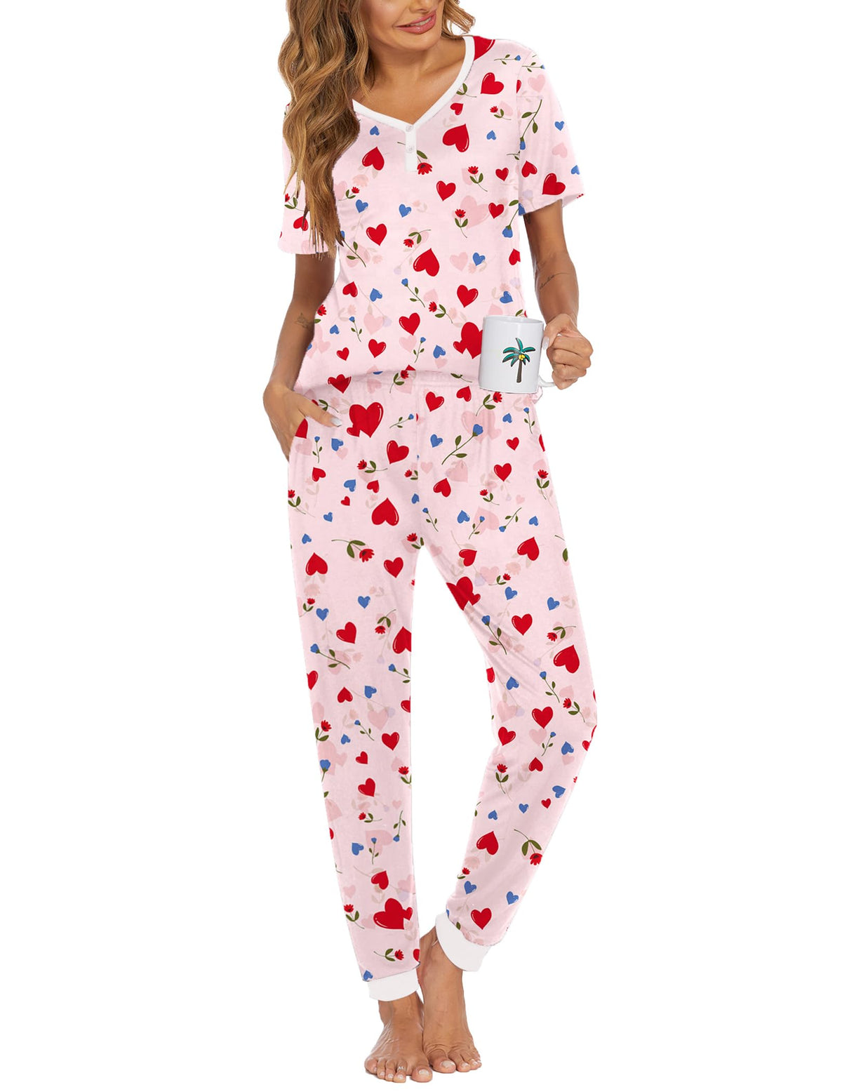 Ekouaer Pajamas for Women Set 2 Piece Short Sleeve Fall Pjs with Pockets