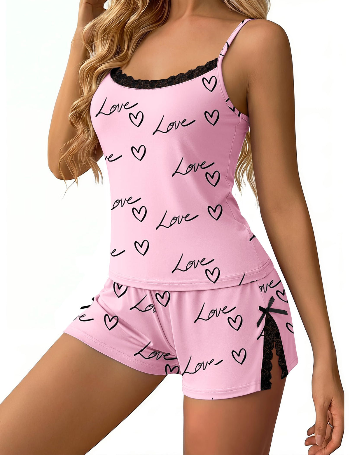 Ekouaer Women's Cami Pajama Set Sexy Lace Split Shorts Lingerie Set XS-XXL