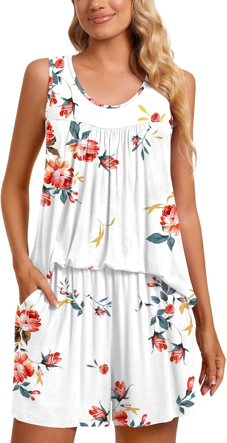 TAOHUADAO 2 Piece Women's Sleeveless Pajama Sets, Lounge Sleepwear Ladies Pjs Sets with Pockets