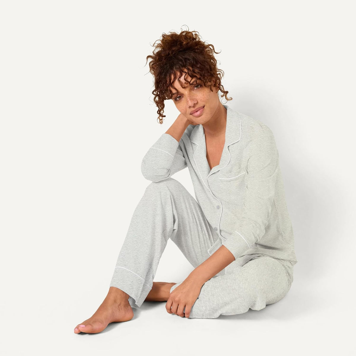 Amazon Essentials Women's Cotton Modal Long-Sleeve Notch Collar Shirt and Full-Length Elastic Waist Pajama Pant Set