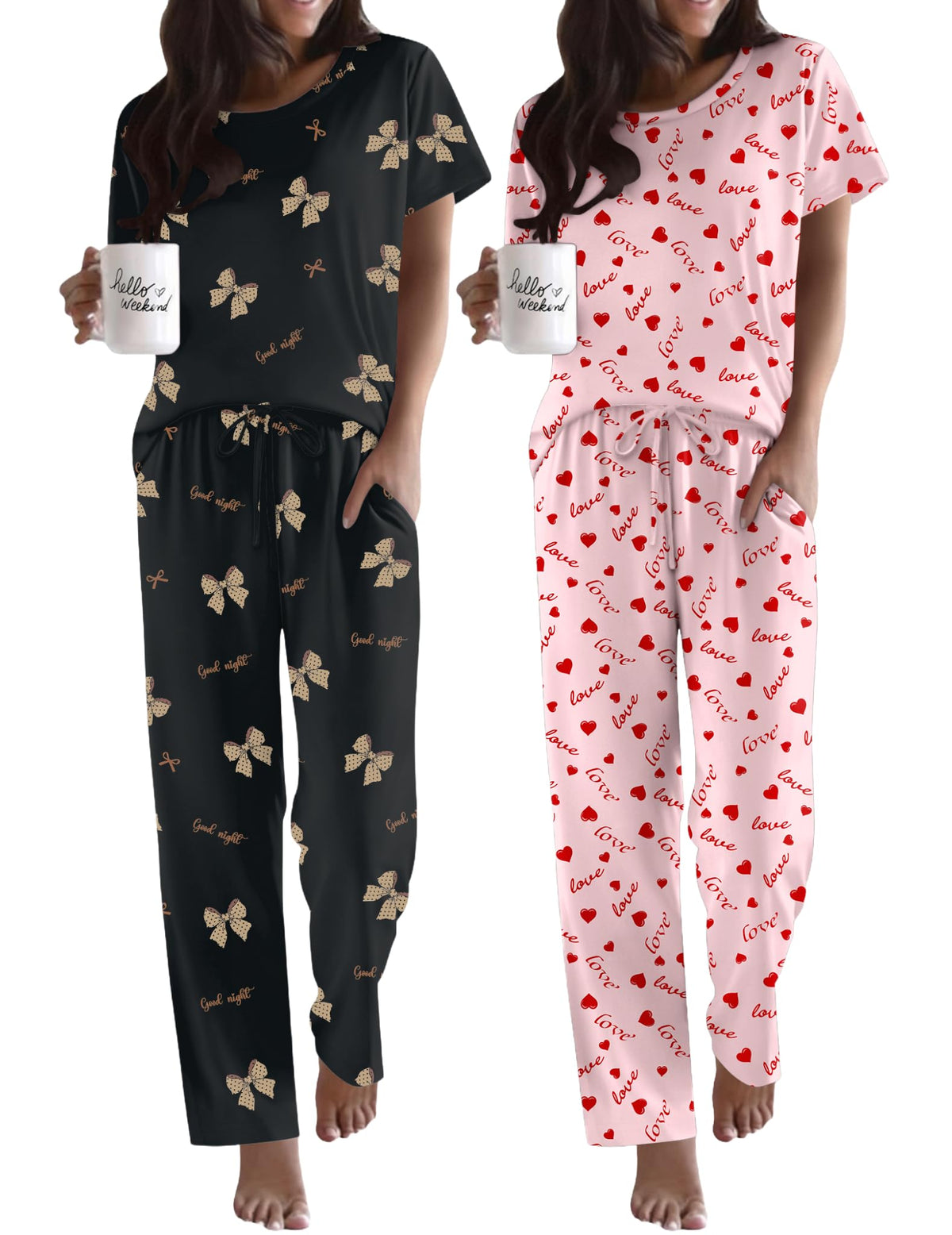 Ekouaer 2 Pack Womens Pajama Set Short Sleeve Top and Printed Pants Soft Pj