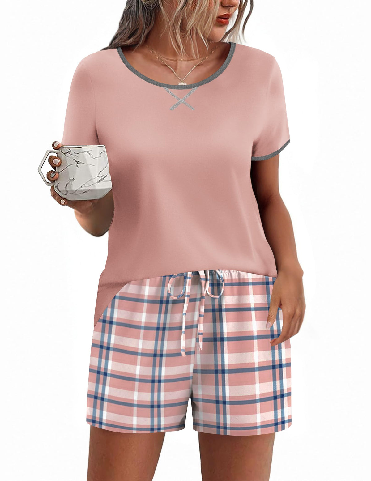 Ekouaer Women Pajama Set Casual Shorts Sets Short Leeve Lounge Set
