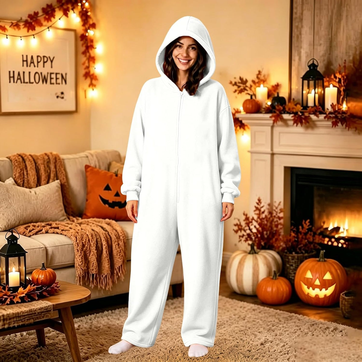 Halloween Onesie Adult 16 Solid Color Zip Up Hooded Couple Pajama Costumes