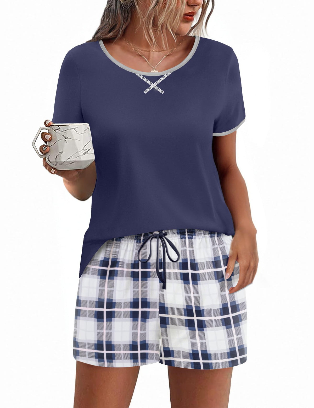 Ekouaer Women Pajama Set Casual Shorts Sets Short Leeve Lounge Set