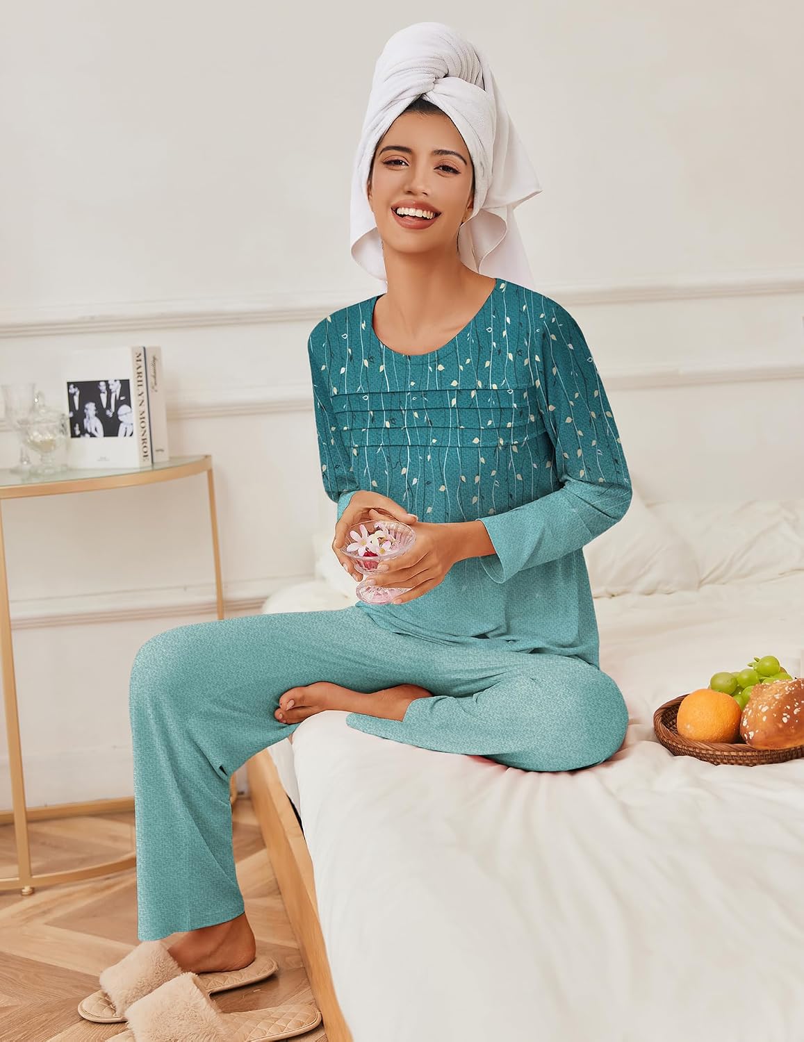 Ekouaer Womens Pajama Sets Pleated Tops with Long Sleeve Fall Lounge Set