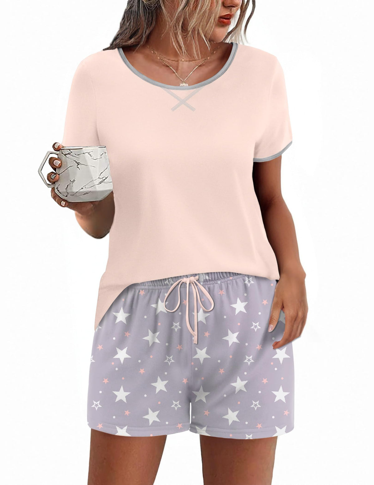 Ekouaer Women Pajama Set Casual Shorts Sets Short Leeve Lounge Set