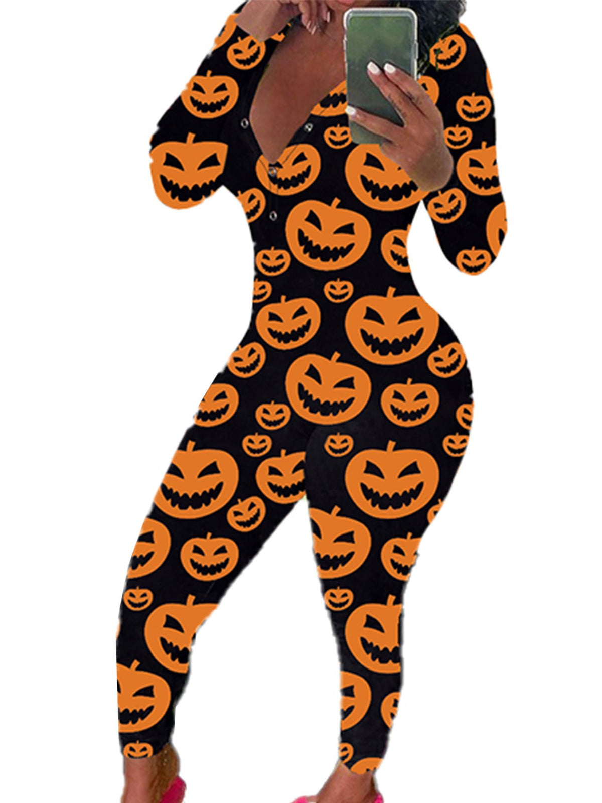 Womens Long Sleeve Button Down One Piece V Neck Bodycon Jumpsuit Pajamas