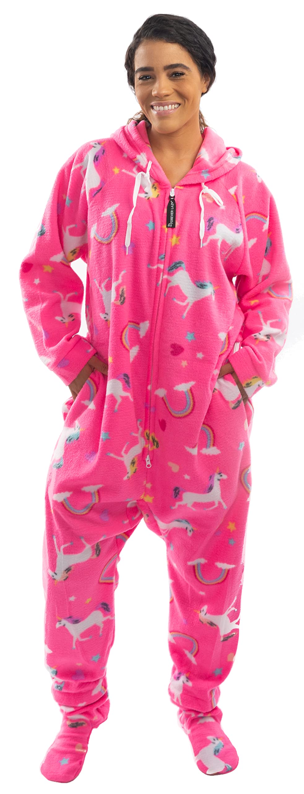 Forever Lazy Adult Onesie Pajamas, Footed Fleece One-Piece Unisex Lounge for Women and Men with Detachable Feet