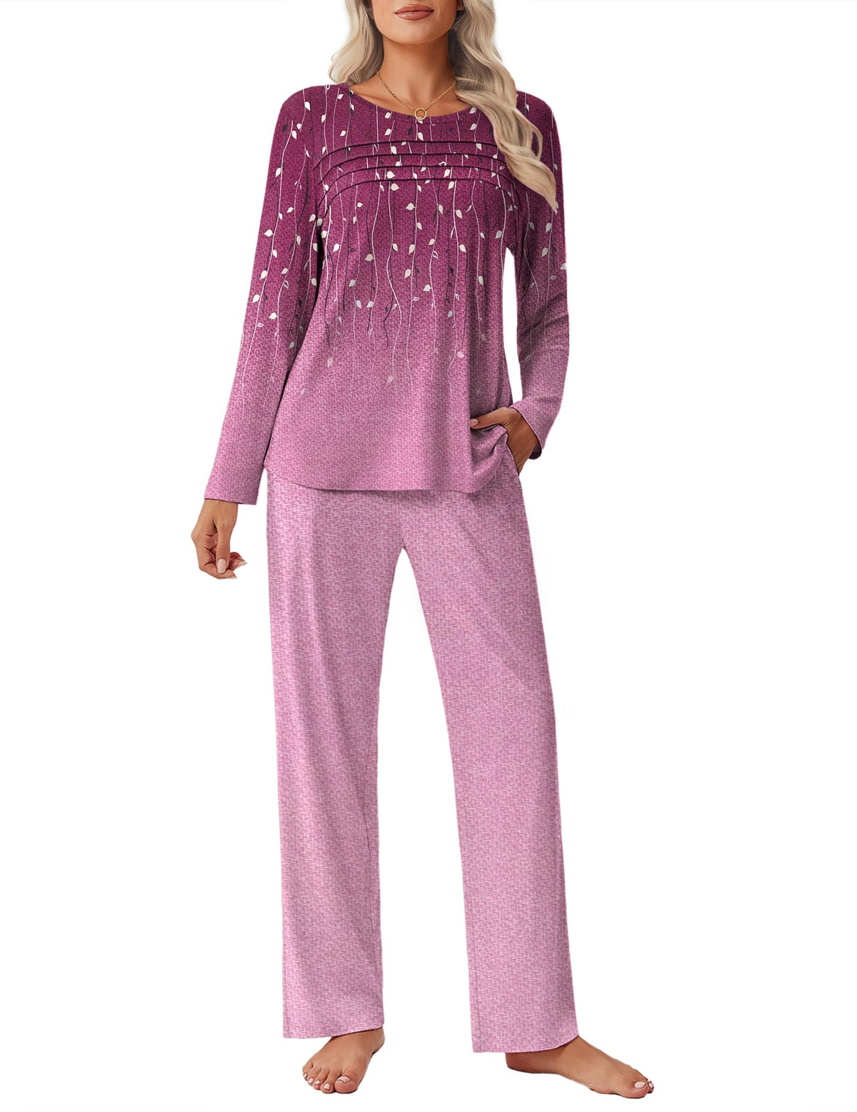 Ekouaer Womens Pajama Sets Pleated Tops with Long Sleeve Fall Lounge Set