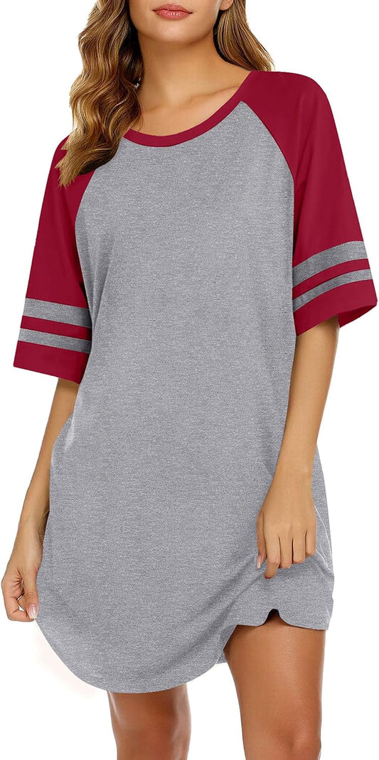 Ekouaer Cotton Nightgowns for Women Color Block Short Sleeve Sleep Shirts
