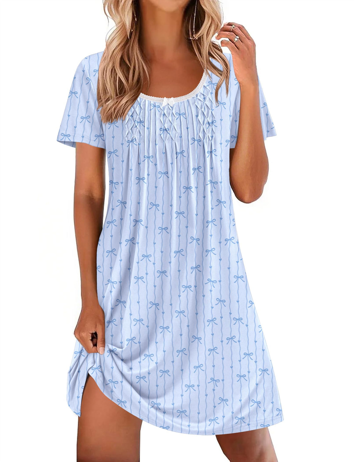 Ekouaer Nightgowns for Women Pleated Sleep Shirts Short Sleeve Night Shirts