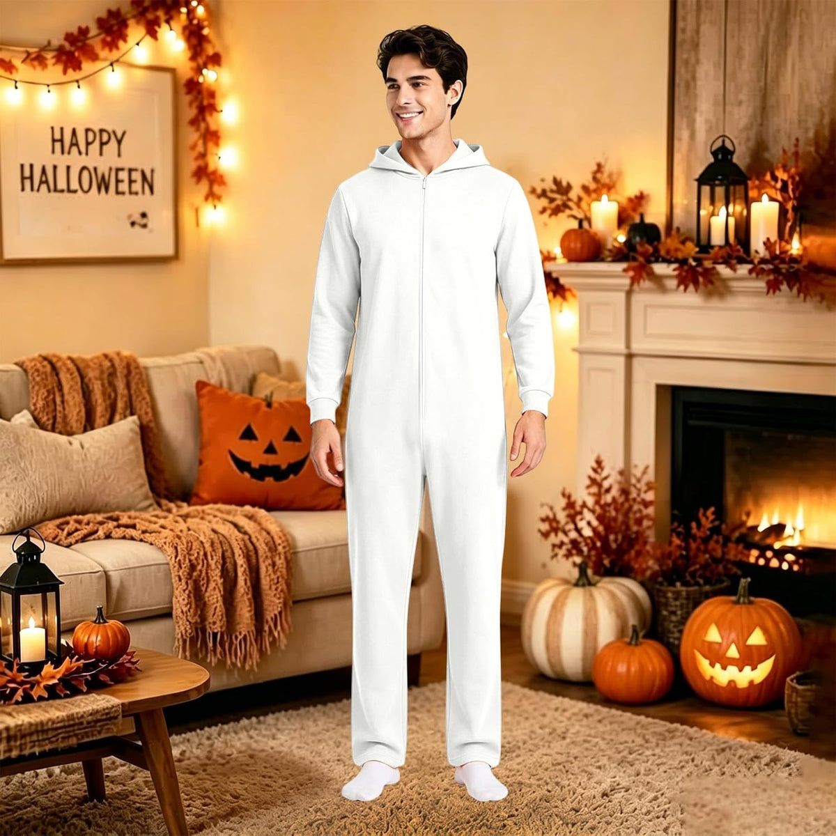 Halloween Onesie Adult 16 Solid Color Zip Up Hooded Couple Pajama Costumes