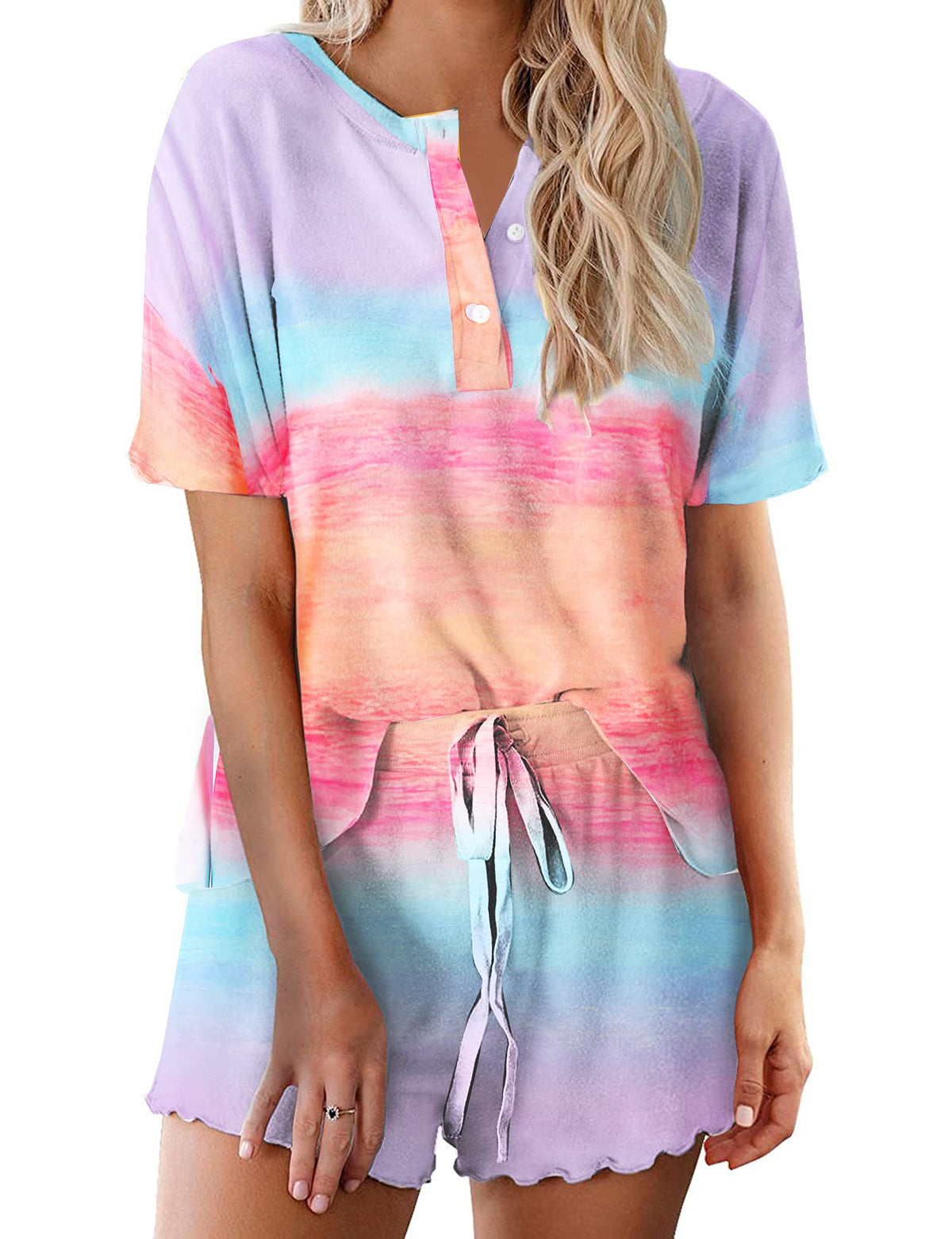 Ekouaer Pajamas Set for Women Short Sleeve Lounge Set 2 Piece Soft Cute Pjs