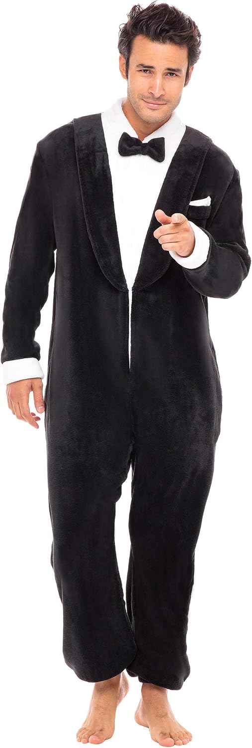 Men's Long Sleeve Plush Fleece Hooded Adult Onesie, Footie Pajamas