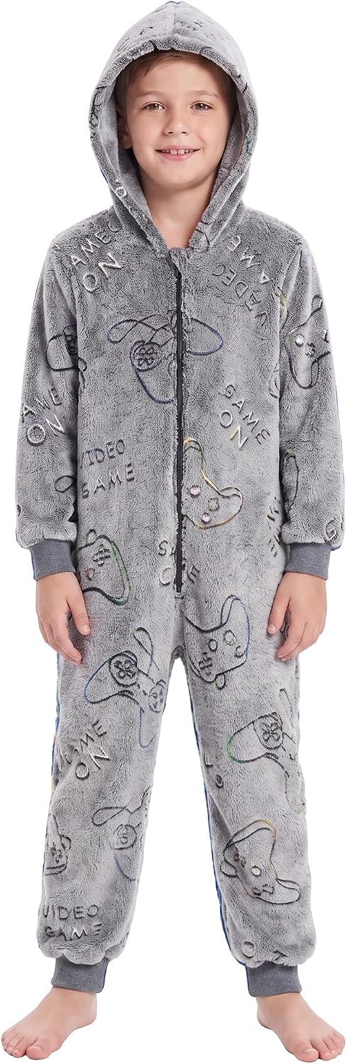 Boys Onesie Pajamas Cute Long Sleeve Fleece Jumpsuit with Hooded Fall