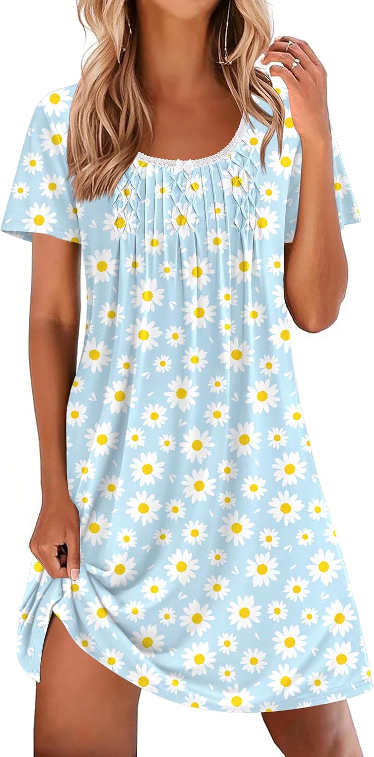 Ekouaer Nightgowns for Women Pleated Sleep Shirts Short Sleeve Night Shirts