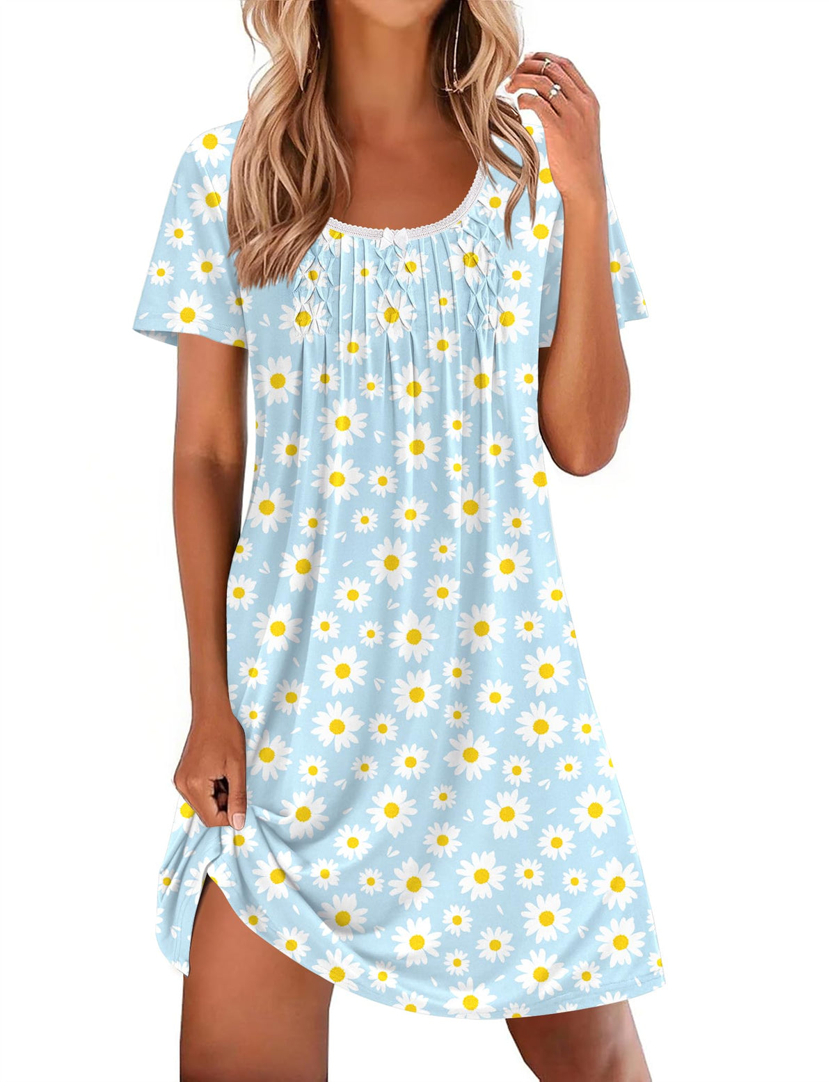 Ekouaer Nightgowns for Women Pleated Sleep Shirts Short Sleeve Night Shirts