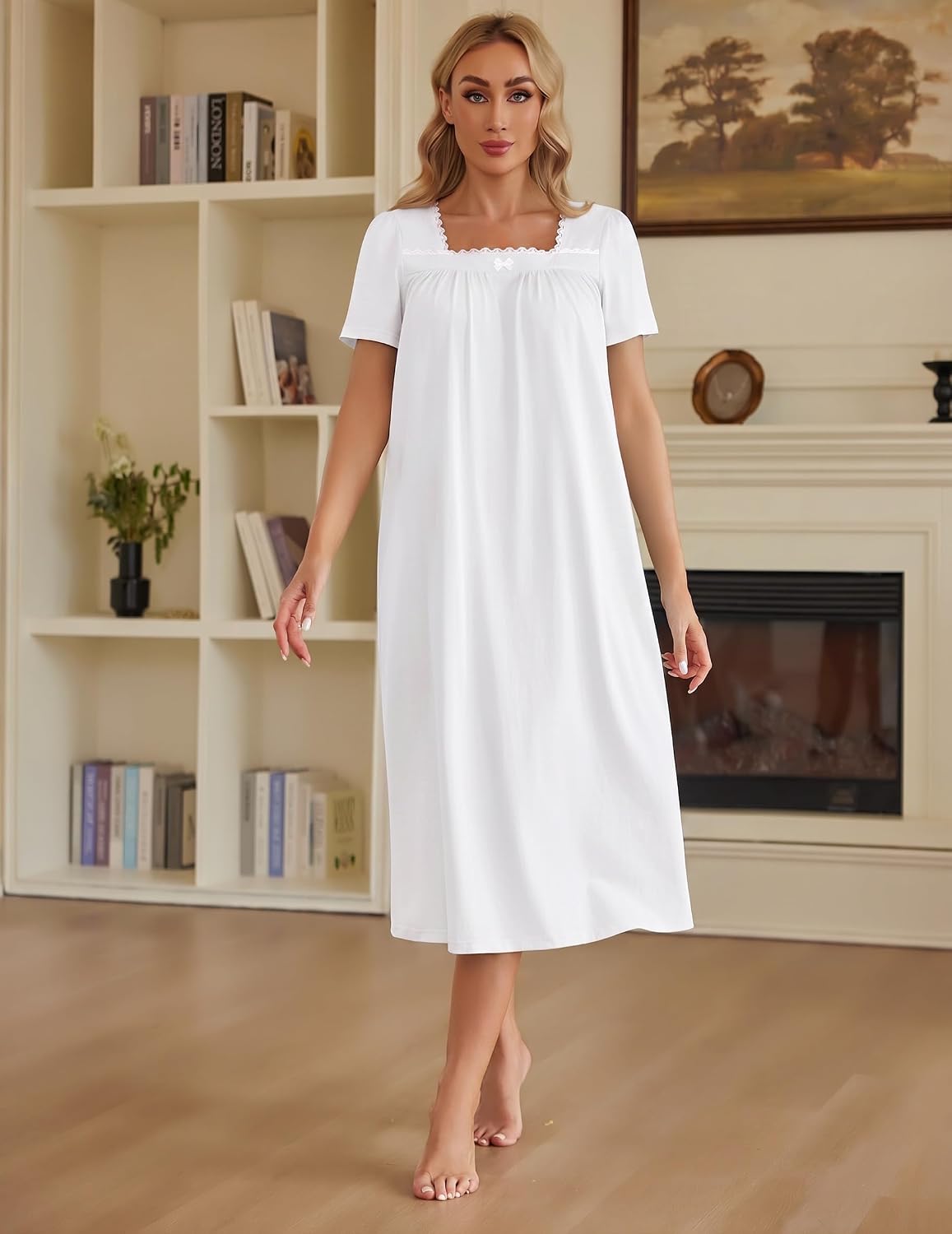 Ekouaer Cotton Long Nightgowns for Women Vintage House Dress with Pockets
