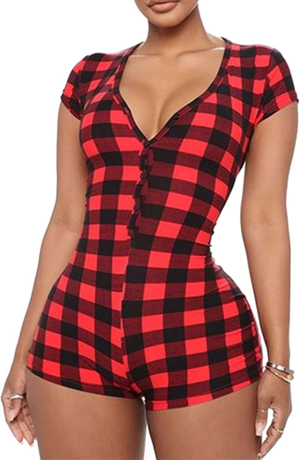 RUEWEY Women V-Neck Shorts Jumpsuit One Piece Bodysuit Pajama Long Sleeve Bodycon Rompers Overall