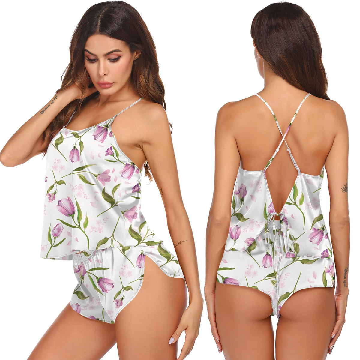 Ekouaer Silk Pajamas Set for Women Satin Backless Lingerie Pjs Cami Top and Shorts Nightwear