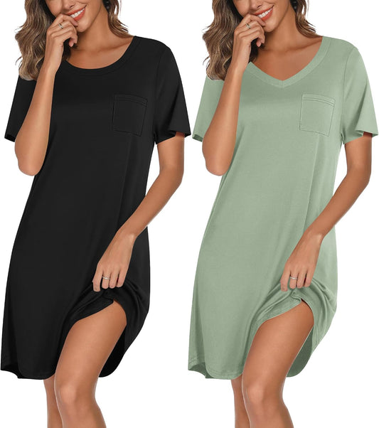 Ekouaer 2 Pack Nightgowns for Women Bamboo Viscose Short Sleeve Sleep Shirt