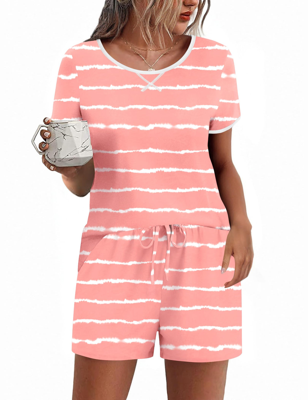 Ekouaer Women Pajama Set Casual Shorts Sets Short Leeve Lounge Set