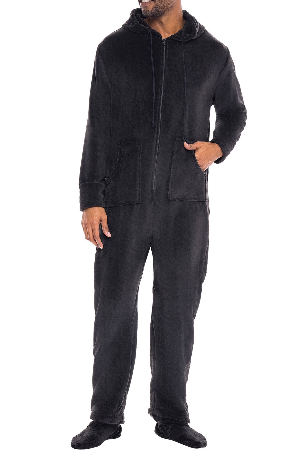 Men's Long Sleeve Plush Fleece Hooded Adult Onesie, Footie Pajamas