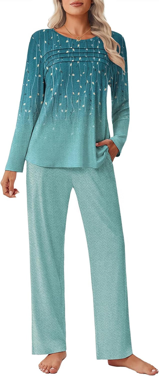 Ekouaer Womens Pajama Sets Pleated Tops with Long Sleeve Fall Lounge Set