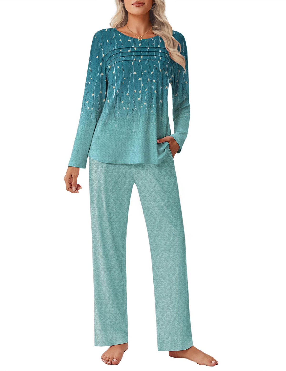 Ekouaer Womens Pajama Sets Pleated Tops with Long Sleeve Fall Lounge Set