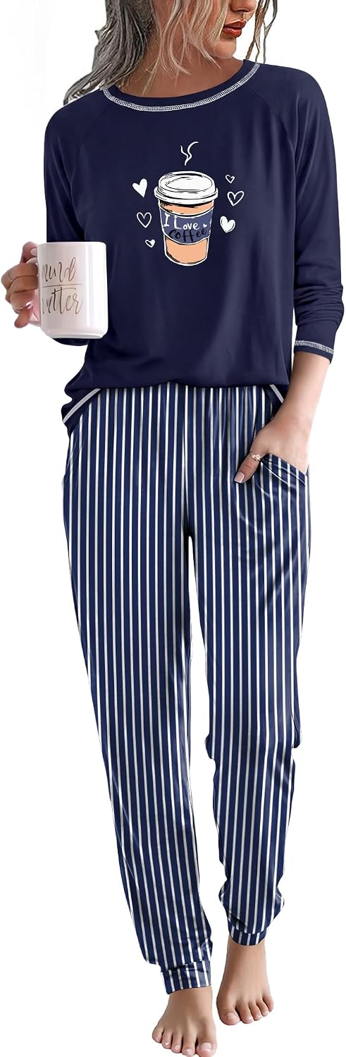 Ekouaer Women Pajama Sets Jogger Sleepwear Printed Lounge Set with Pockets