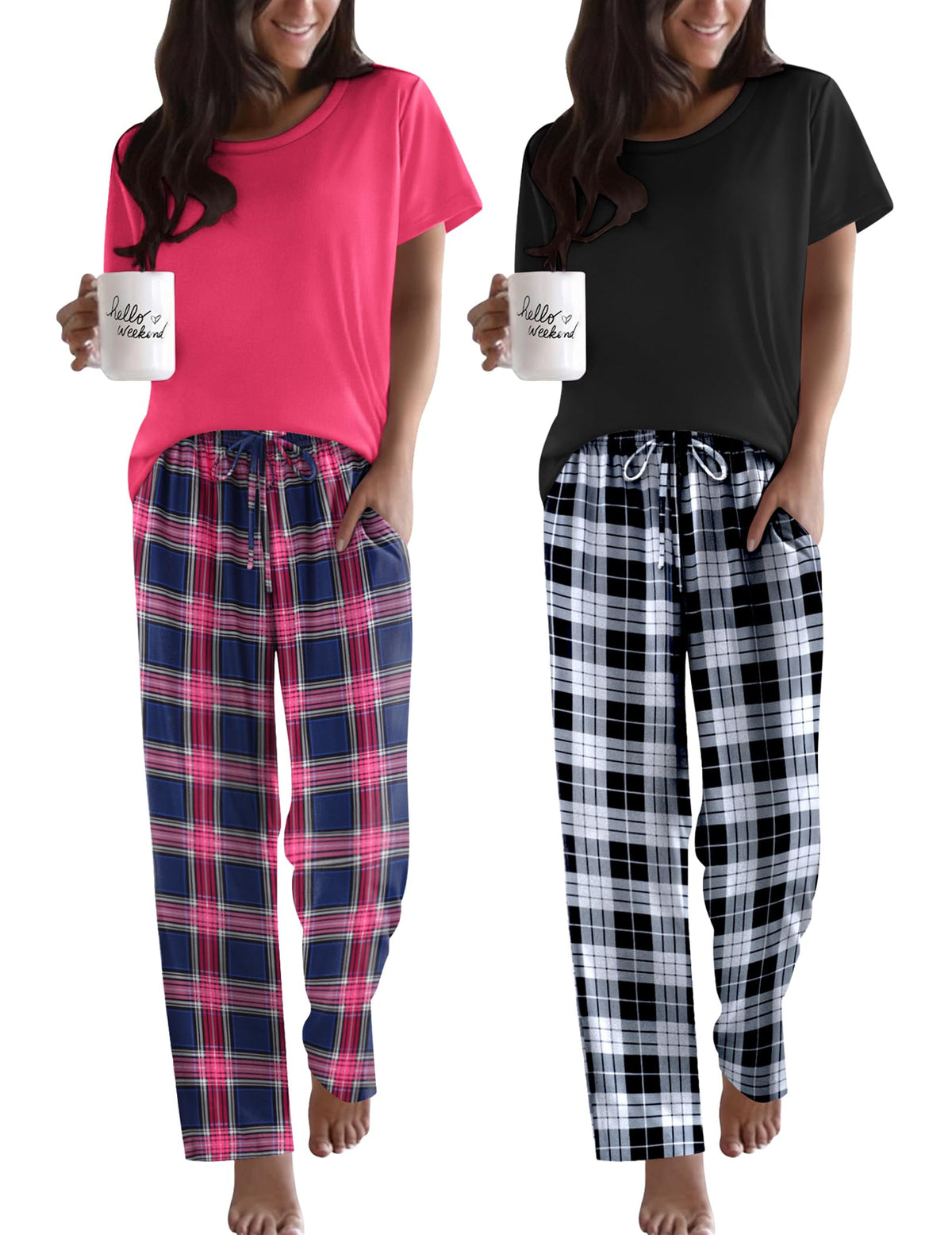 Ekouaer 2 Pack Womens Pajama Set Short Sleeve Top and Printed Pants Soft Pj