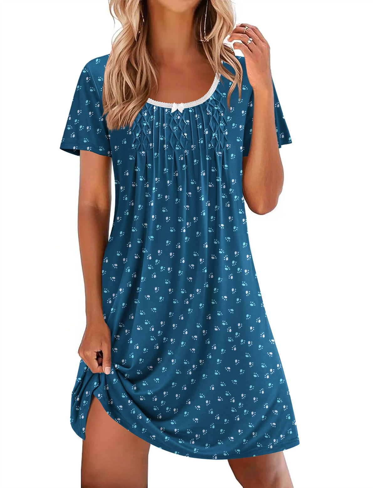 Ekouaer Nightgowns for Women Pleated Sleep Shirts Short Sleeve Night Shirts