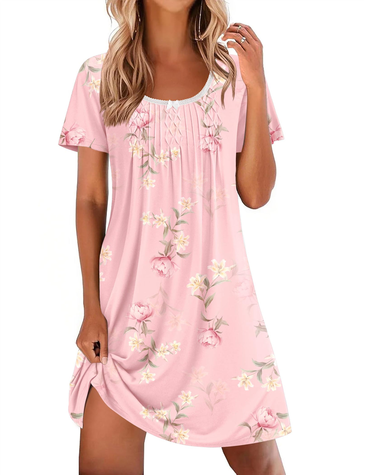 Ekouaer Nightgowns for Women Pleated Sleep Shirts Short Sleeve Night Shirts