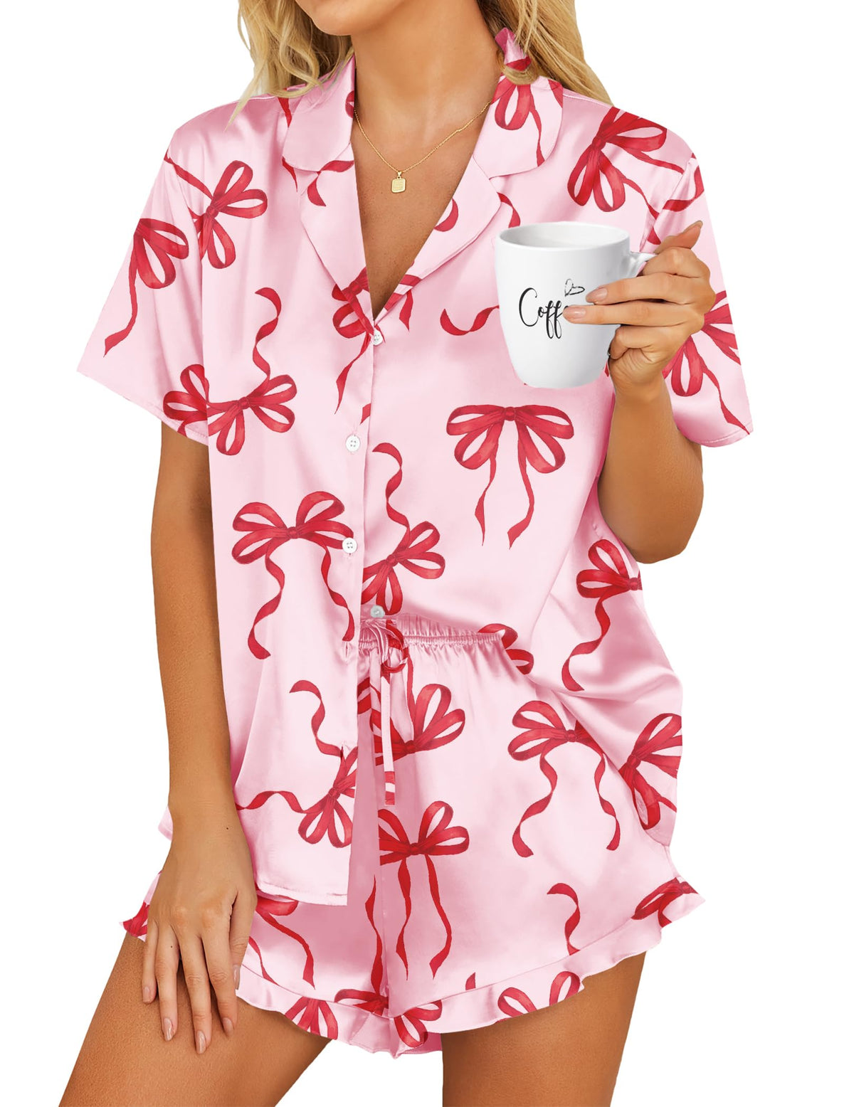 HOTOUCH Womens Satin Pajamas Set Button Down 2 Piece Ruffle Shorts Set