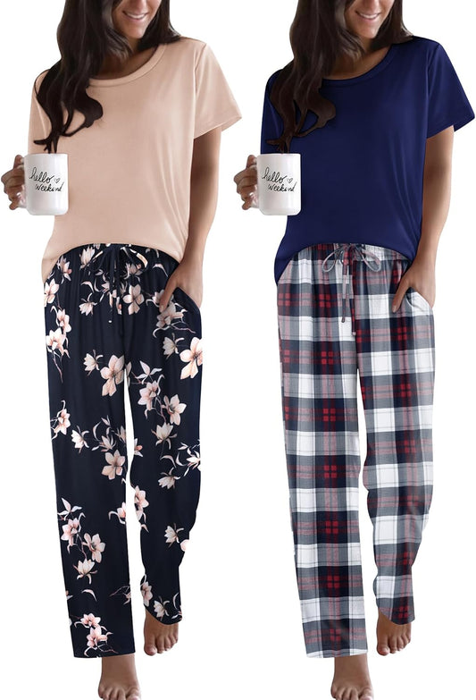 Ekouaer 2 Pack Womens Pajama Set Short Sleeve Top and Printed Pants Soft Pj