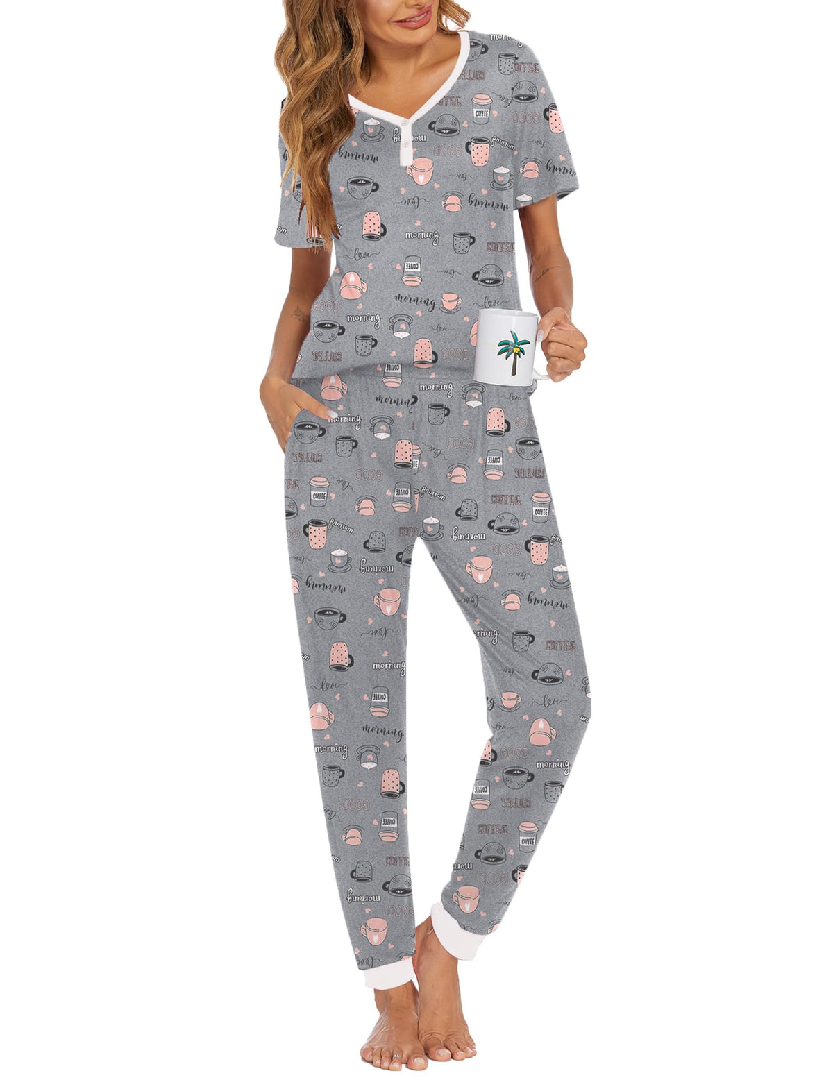 Ekouaer Pajamas for Women Set 2 Piece Short Sleeve Fall Pjs with Pockets
