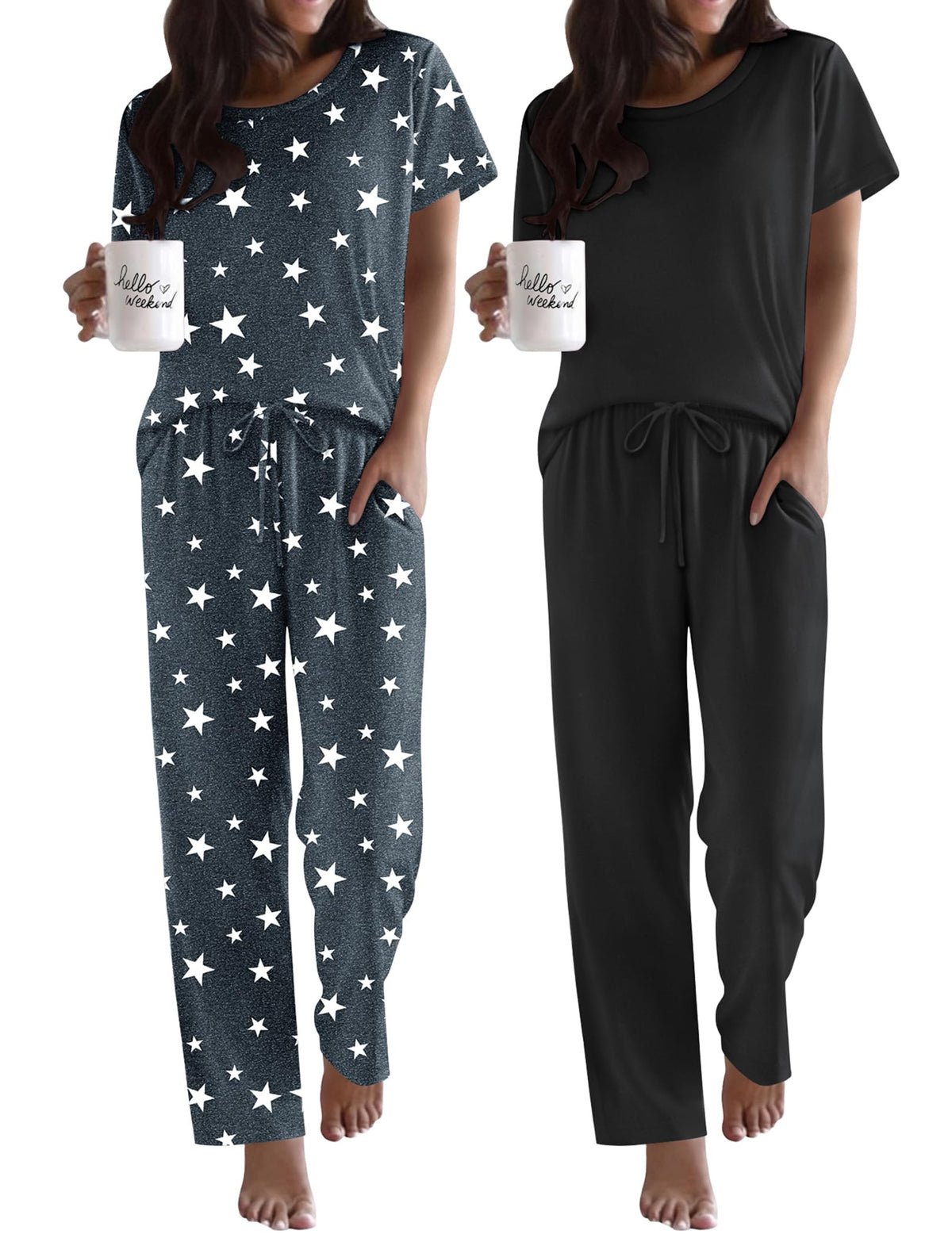 Ekouaer 2 Pack Womens Pajama Set Short Sleeve Top and Printed Pants Soft Pj