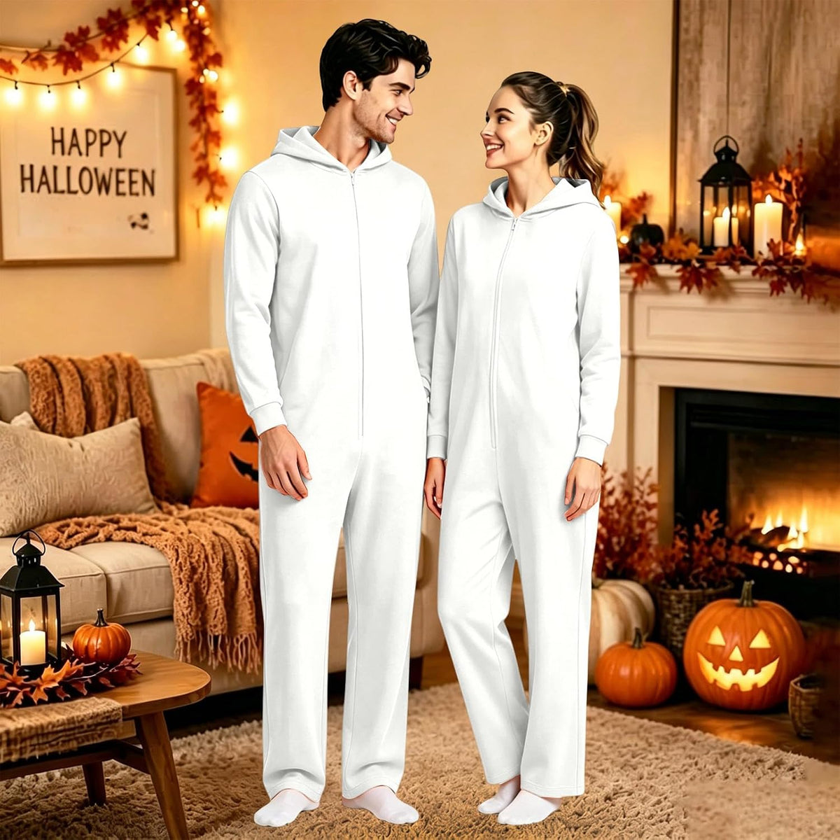 Halloween Onesie Adult 16 Solid Color Zip Up Hooded Couple Pajama Costumes