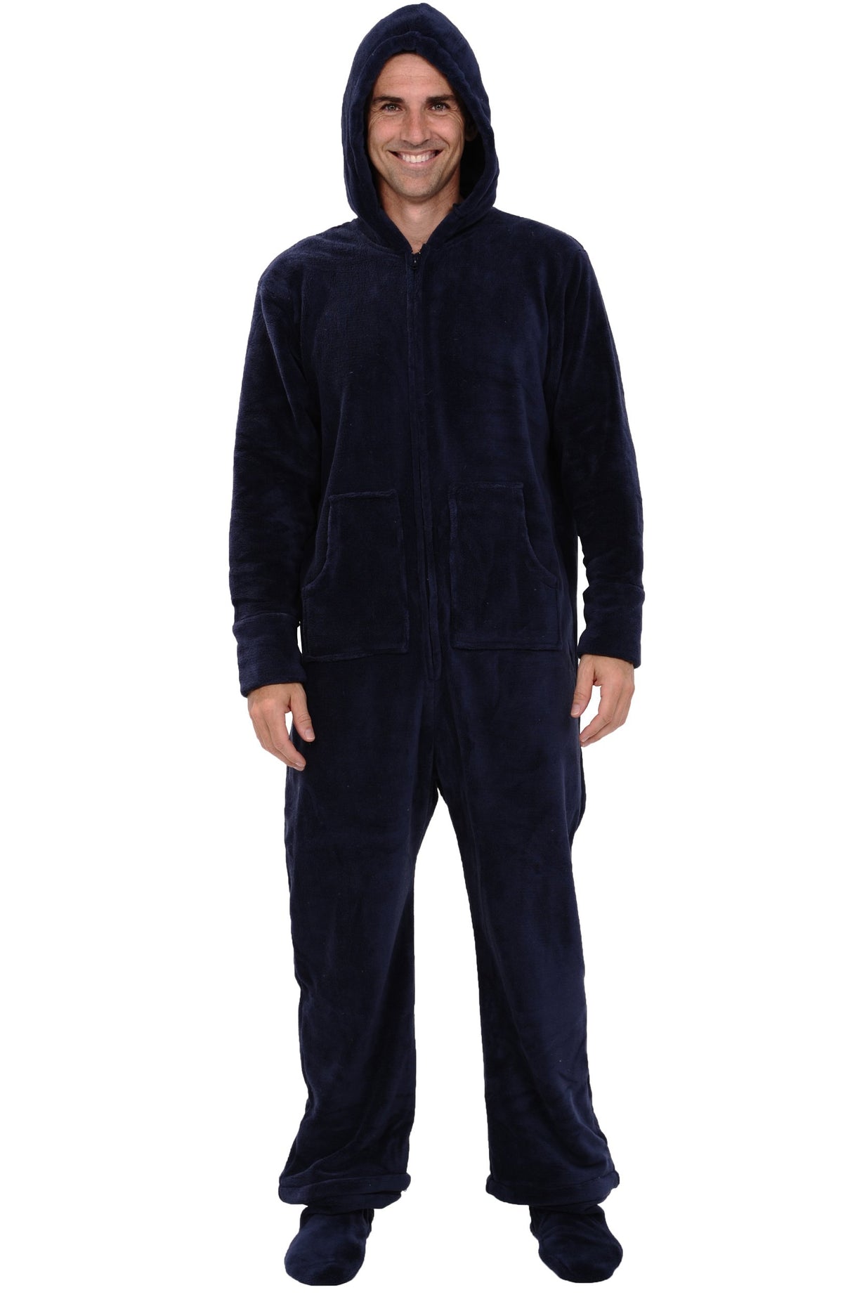 Men's Long Sleeve Plush Fleece Hooded Adult Onesie, Footie Pajamas