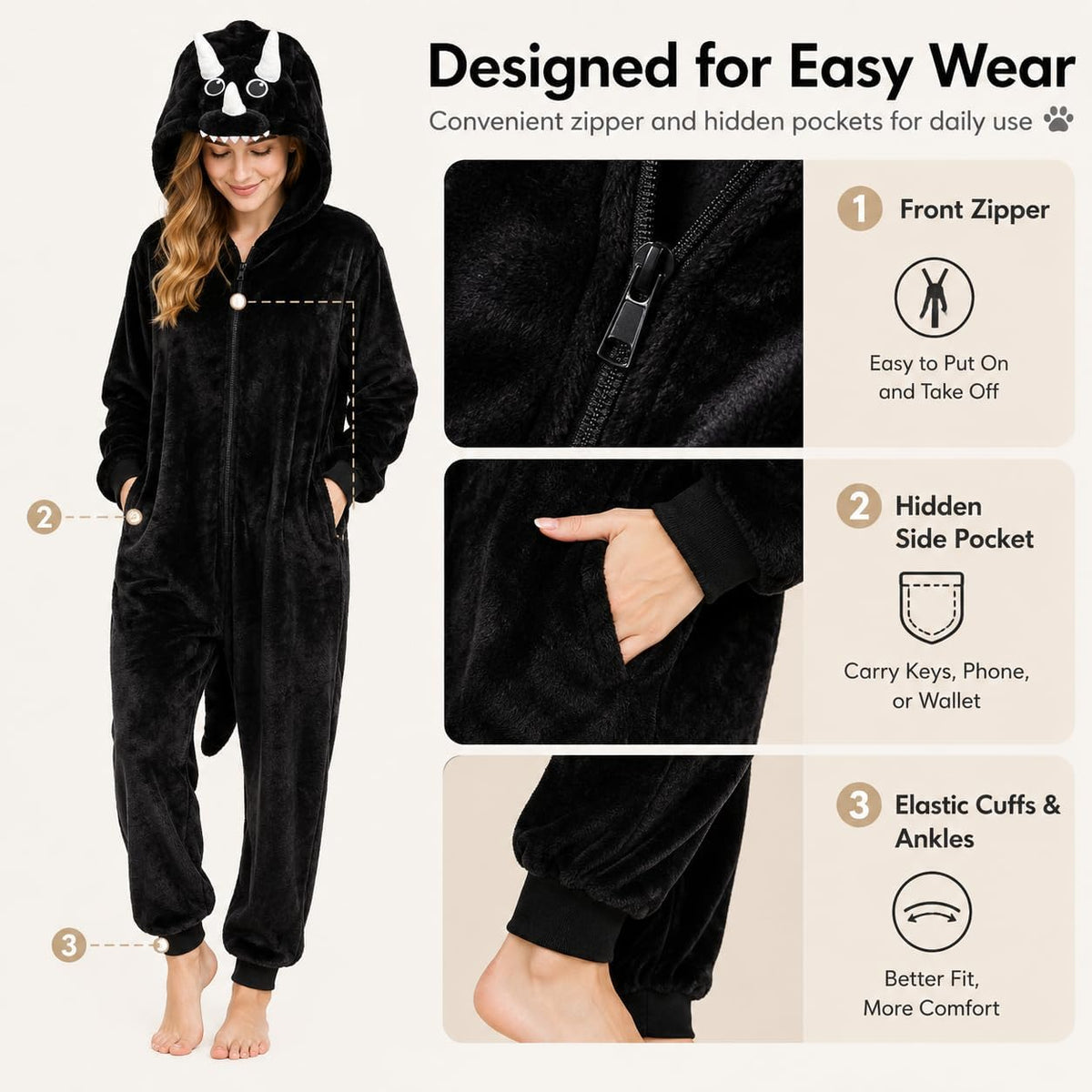 Adult Onesie, Animal Halloween Costume, Plush One Piece Pajamas with Hood