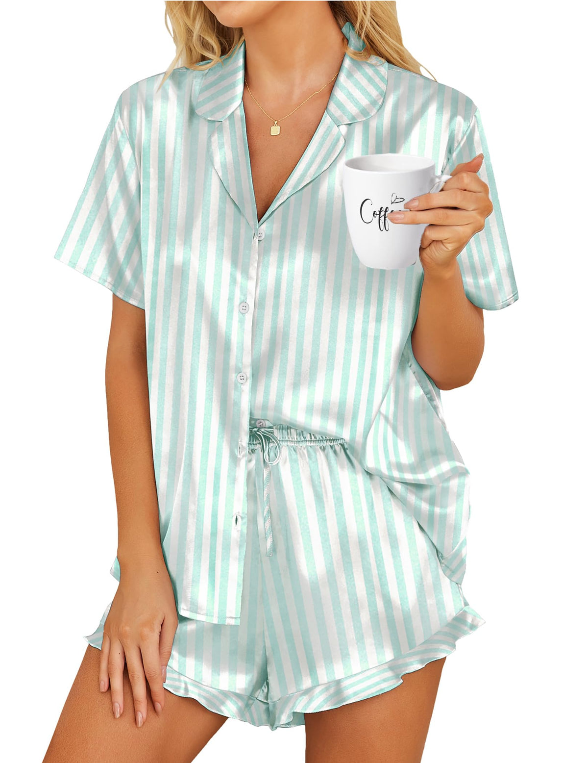 HOTOUCH Womens Satin Pajamas Set Button Down 2 Piece Ruffle Shorts Set