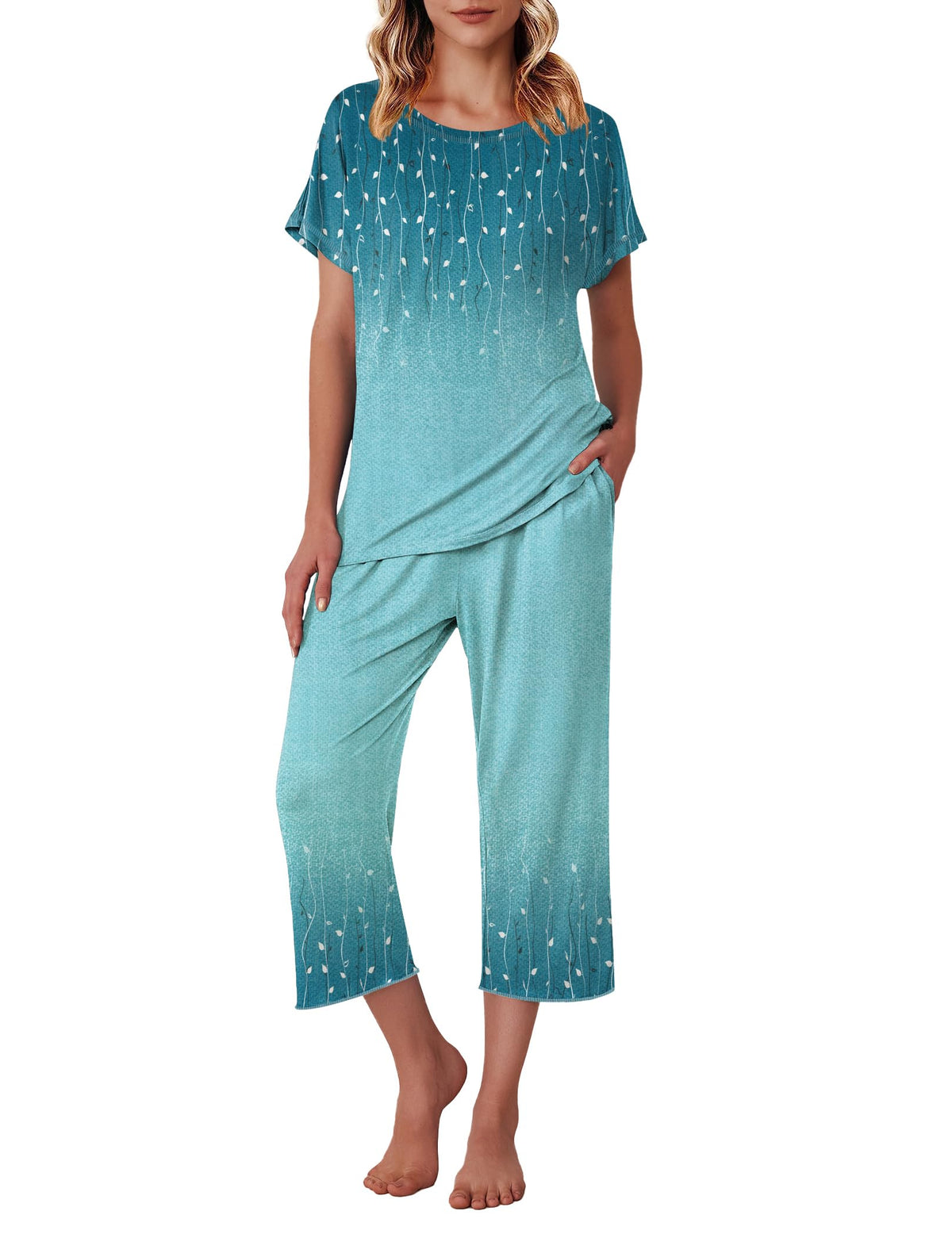 Ekouaer Womens Capri Pajama Sets Print Short Sleeve Sleepwear Top and Pants