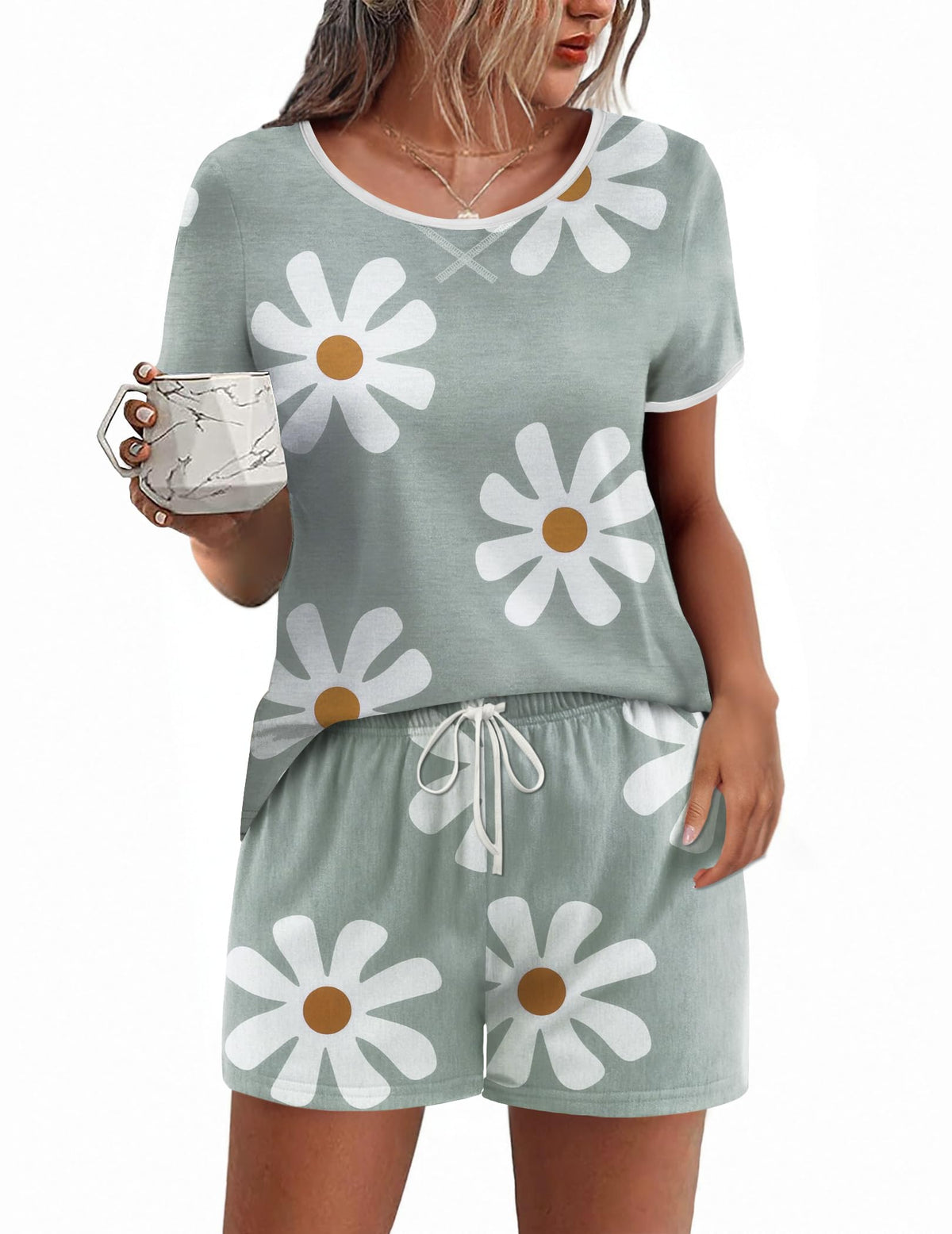 Ekouaer Women Pajama Set Casual Shorts Sets Short Leeve Lounge Set